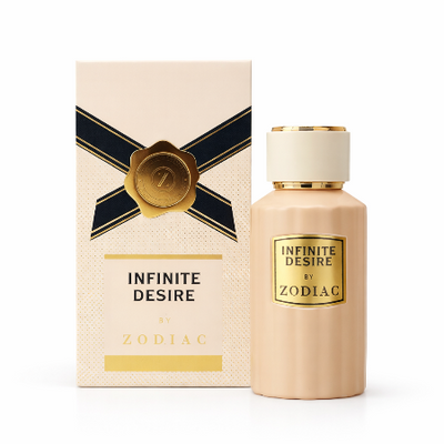 Infinite Desire by Zodiac perfume bottle and packaging on a white background