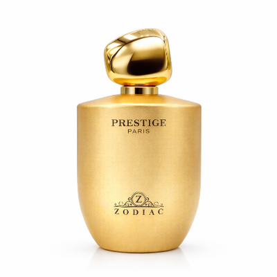 Gold perfume bottle labeled 'Prestige Paris Zodiac' on a white background