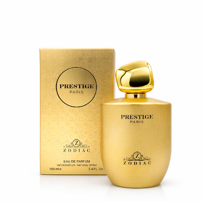 Gold 'Prestige Paris' perfume bottle and packaging on a white background