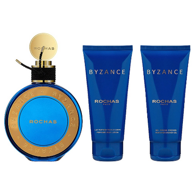 Rochas Byzance perfume and body care products on a white background