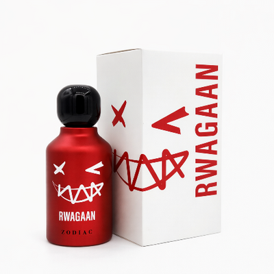 Red bottle and white box with 'RWAGAAN' branding on a white background